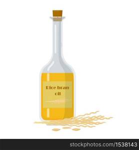 Bottle with rice bran oil and stalks vector illustration. Glass packaging filled with pure cooking oil.