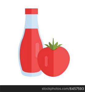 Bottle with sauce vector. Flat design. Small jar filled ketchup, tomato paste. Cooking base product concept. Illustration for icon, label, print, menu design, infographics. Isolated on white.. Bottle with Sauce Flat Design Vector Illustration