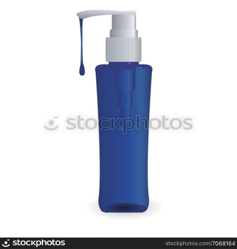 Bottle with shampoo in blue color. Vector illustration on a white background. Hair care and treatment