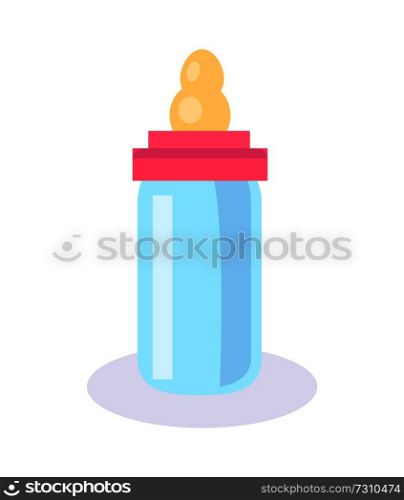 Bottle with soother, poster with feeding object, transparent container with dummy on top, item for children care vector illustration isolated on white. Bottle with Soother Poster Vector Illustration