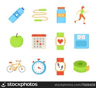 Bottle with still water isolated icons set vector. Jumping rope and running woman, wristband pulse and steps. Bicycle and timer clock, ripe apple. Bottle with Still Water Icons Vector Illustration