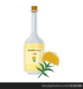 Bottle with sufflower oil and yellow flower. Product used in cosmetics, for cooking in salad dressing. Bottle with cork vector illustration.
