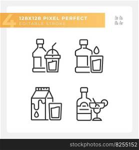 Bottled beverages pixel perfect linear icons set. Alcohol and soft drinks. Liquid refreshments. Customizable thin line symbols. Isolated vector outline illustrations. Editable stroke. Bottled beverages pixel perfect linear icons set