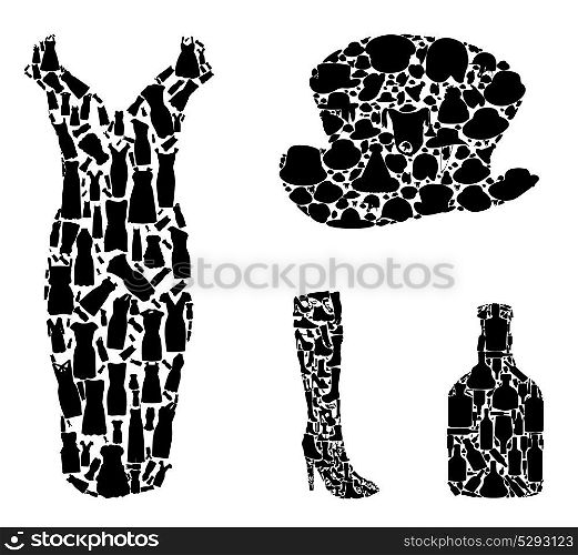 Bottles and Clothing: Hats, Shoes Collection Silhouette. Vector Illustration. EPS10. Bottles and Clothing: Hats, Shoes Collection Silhouette. Vector