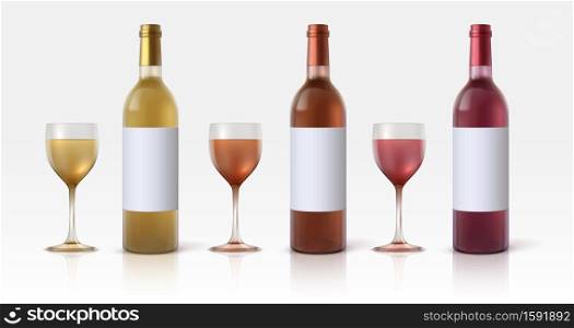 Bottles and glasses. Realistic 3D wine tableware, red and white alcoholic beverages. Vessel with grape drinks. Winery products advertising and brand identity template, vector isolated mockup set. Bottles and glasses. Realistic red and white alcoholic beverages, 3D wine tableware, grape drinks vessel. Winery products advertising and brand identity template, vector isolated set