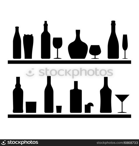 Bottles black silhouettes.. Bottles black silhouettes of alcoholic drinks and beverages with mugs and glasses.