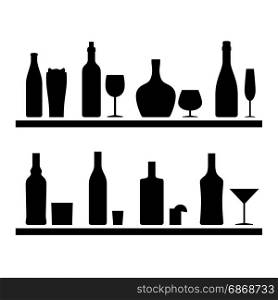 Bottles black silhouettes.. Bottles black silhouettes of alcoholic drinks and beverages with mugs and glasses.