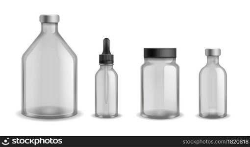 Bottles glass medical. Realistic blank aromatherapy oil cosmetic containers. Transparent empty plastic flasks with cap and pipette, pharmacy syrup drugs packaging, 3d vector isolated on white set. Bottles glass medical. Realistic blank aromatherapy oil cosmetic containers. Transparent empty plastic flasks with cap and pipette, pharmacy syrup drugs packaging, 3d vector isolated set