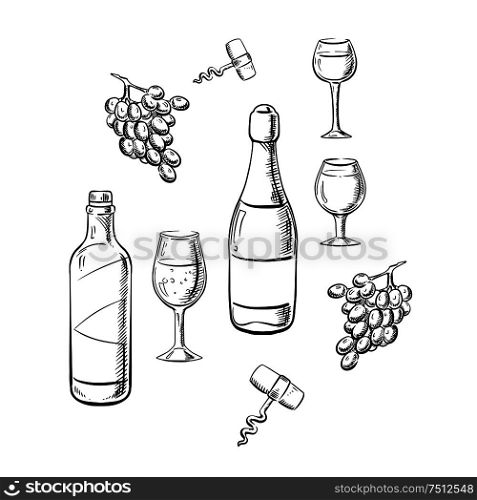 Bottles of a table and sparkling wines with wine glasses, grape fruits and corkscrews in sketch style, for drink or food themes. Bottles of wine, glasses and grape sketches