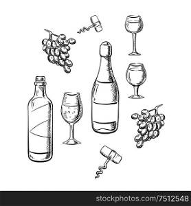 Bottles of a table and sparkling wines with wine glasses, grape fruits and corkscrews in sketch style, for drink or food themes. Bottles of wine, glasses and grape sketches