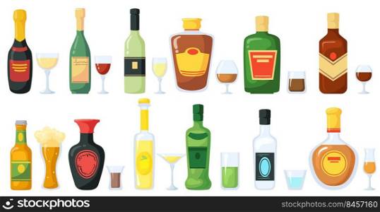 Bottles of alcoholic drinks with glasses vector illustration set. Liquor, whisky, wine, foam beer, rum, water in bottles with labels isolated on white background. Alcohol, beverage concept