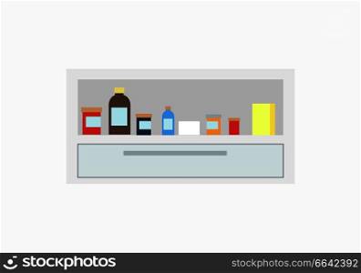 Bottles of different colors with liquids and medical treatment elements standing on chest of drawers on vector illustration isolated on white. Bottles of Different Colors Vector Illustration