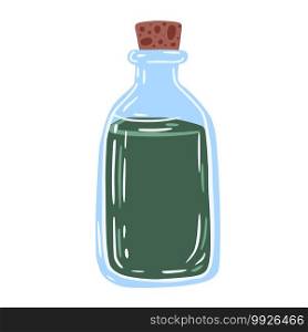 Bottles of elixir isolated on white background. Vintage witch flask color green . Doodle vector illustration.. Bottles of elixir isolated on white background. Vintage witch flask color green .