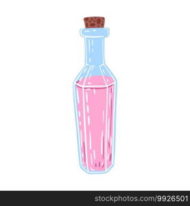 Bottles of elixir isolated on white background. Vintage witch flask color pink. Doodle vector illustration.. Bottles of elixir isolated on white background. Vintage witch flask color pink.