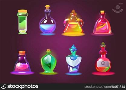 Bottles of magic potions set. Cartoon jars with love elixir, glass chemical vials with corks on dark purple background. Vector illustration for witchcraft lab, alchemy, Halloween, poison concept