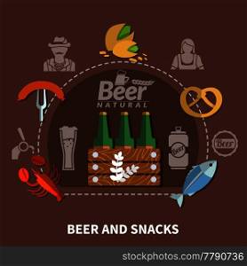 Bottles of natural beer and various snacks on dark background flat vector illustration. Beer Flat Illustration