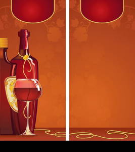 Bottles of red wine with a gold label and a glass with red wine for restaurant menu