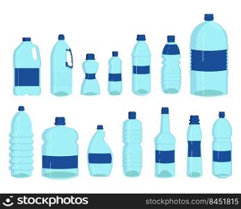 Bottles of water set. Plastic containers for liquid, transparent drink flasks, liter isolated on white. Vector illustrations for pure water consumption, packaging and storage recycling concept
