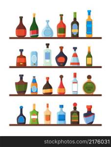 Bottles on shelves. Alcoholic drinks vodka liquor rum wine tequila restaurant or bar liquid products in glass bottles garish vector collection in flat. Illustration alcohol martini, cognac alcoholic. Bottles on shelves. Alcoholic drinks vodka liquor rum wine tequila restaurant or bar liquid products in glass bottles garish vector collection in flat style