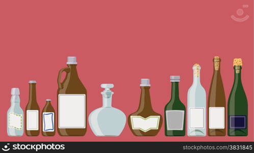 Bottles set: alcoholic beverages in a row as if standing on a shelf. These are wine, champagne, brandy, beer bottles.