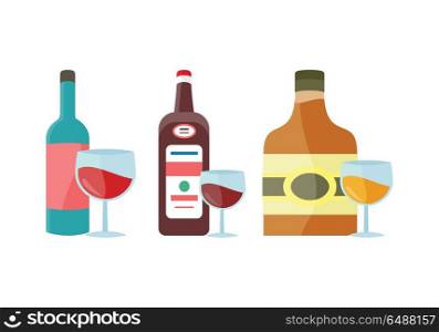 Bottles with Alcohol Vector in Flat Style Design.. Bottles and goblet with alcohol vector in flat style. Whiskey, liquor, wine, cognac illustration for beverages concepts, grocery store ad, icons, infograqphic element. Isolated on white background.