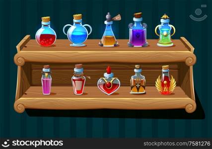 Bottles with magic potions and poison on wooden shelf realistic background vector illustration