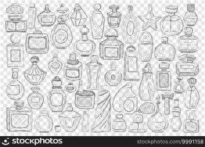Bottles with perfume doodle set. Collection of hand drawn elegant glass jars and bottles with perfume or cosmetics for beauty of various shapes and sizes isolated on transparent background. Bottles with perfume doodle set