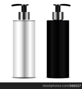 Bottles with pump dispenser vectior 3d realistic illustration. Black and white package isolated on background. Ready for your design mockup.. Bottles with pump dispenser vectior 3d realistic