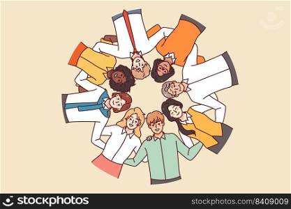 Bottom view of diverse multiracial people stand in circle hugging showing unity and support. Multiethnic men and women embrace demonstrate shared values. Vector illustration.. Multiethnic people stand in circle showing unity