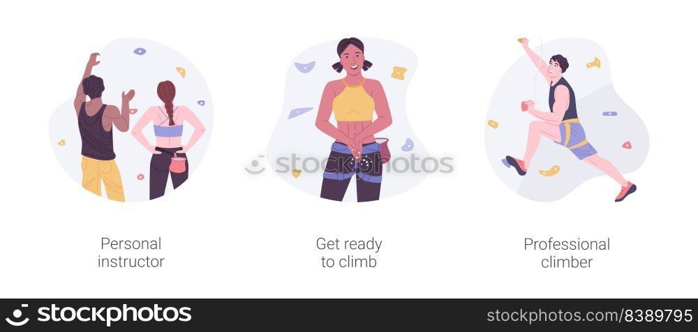 Bouldering isolated cartoon vector illustrations set. Personal climbing instructor, athlete in special equipment ready for bouldering, extreme sport achievement, physical activity vector cartoon.. Bouldering isolated cartoon vector illustrations set.