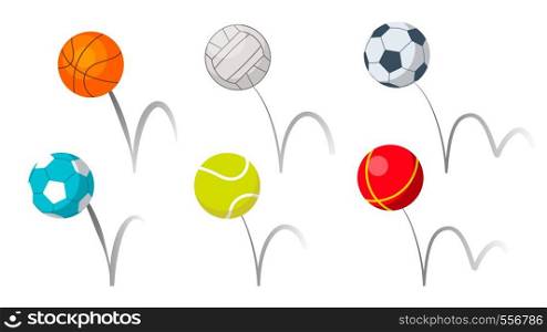 Bounce Balls Sport Playing Equipment Set Vector. Basketball And Soccer Or Football, Volleyball And Tennis Game Accessories Bounce With Trajectory Grey Line. Colorful Flat Cartoon Illustration. Bounce Balls Sport Playing Equipment Set Vector