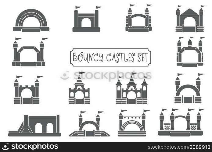 Bouncy inflatable castle. Tower and equipment for child playground. Jumping house sign.Glyph vector silhouette icons set. Bouncy inflatable castle. Tower and equipment for child playground. Jumping house sign. Glyph vector silhouette icons set.
