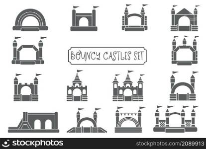 Bouncy inflatable castle. Tower and equipment for child playground. Jumping house sign.Glyph vector silhouette icons set. Bouncy inflatable castle. Tower and equipment for child playground. Jumping house sign. Glyph vector silhouette icons set.