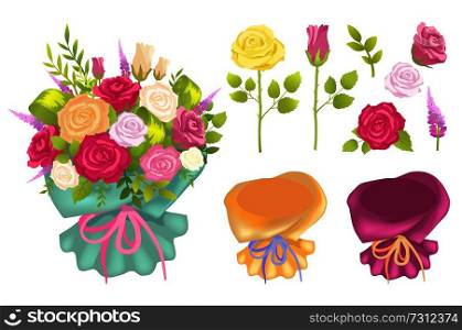 Bouquet and flowers collection, wrapping papers and bows with ribbons, roses and leaves, delphinium and decoration isolated on vector illustration. Bouquet and Flowers Set Poster Vector Illustration