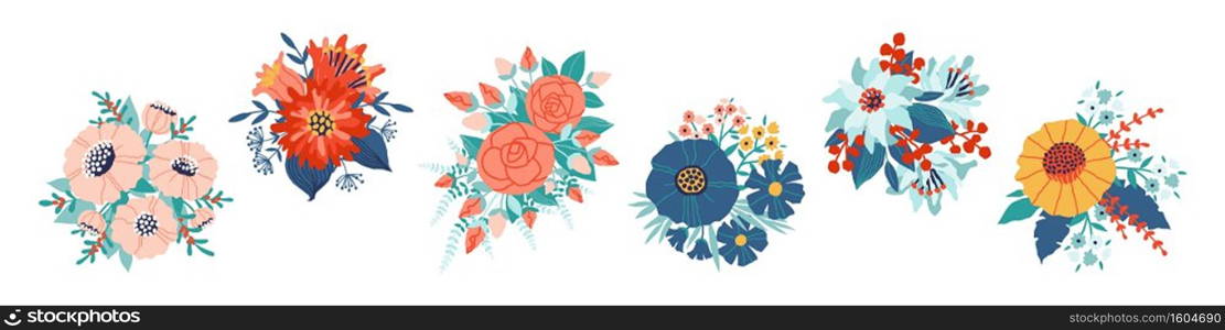 Bouquet. Cartoon blossoming flowers and leaves. Collection of colorful blooming plants and decorative foliage. Isolated floral bunches for holidays. Celebrative botanical elements, vector natural set. Bouquet. Cartoon blossoming flowers and leaves. Collection of blooming plants and decorative foliage. Isolated floral bunches for holidays. Celebrative botanical elements, vector set