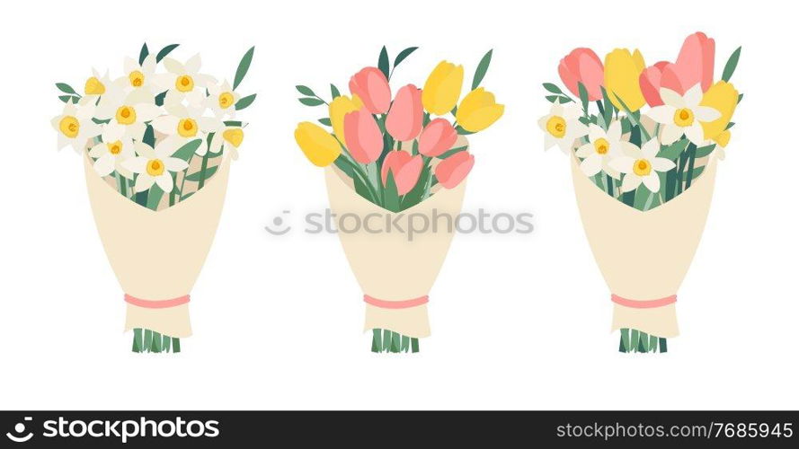 Bouquet collection set with spring flowers tulips and daffodils isolated on white background. Vector Illustration. Bouquet collection set with spring flowers tulips and daffodils isolated on white background. Vector Illustration EPS10