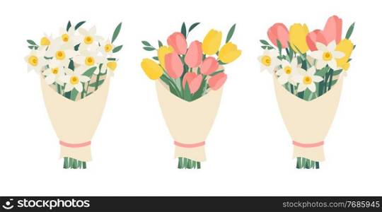 Bouquet collection set with spring flowers tulips and daffodils isolated on white background. Vector Illustration. Bouquet collection set with spring flowers tulips and daffodils isolated on white background. Vector Illustration EPS10