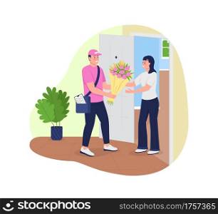 Bouquet delivery to home 2D vector web banner, poster. Happy caucasian courier and smiling woman flat characters on cartoon background. Flower gift printable patch, colorful web element. Bouquet delivery to home 2D vector web banner, poster