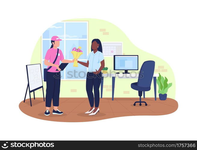 Bouquet delivery to office 2D vector web banner, poster. Courier with flowers and corporate worker flat characters on cartoon background. Valentine gift printable patch, colorful web element. Bouquet delivery to office 2D vector web banner, poster