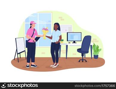 Bouquet delivery to office 2D vector web banner, poster. Courier with flowers and corporate worker flat characters on cartoon background. Valentine gift printable patch, colorful web element. Bouquet delivery to office 2D vector web banner, poster