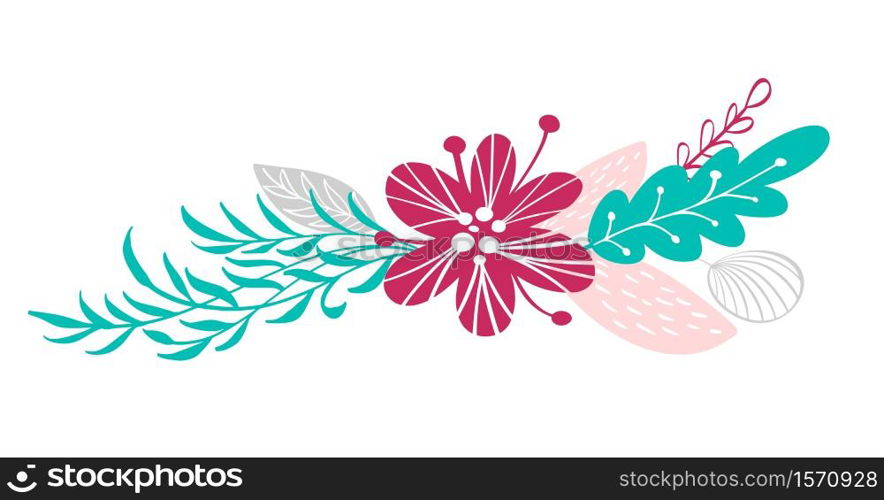 bouquet flowers and floral elements isolated on white background in Scandinavian style. Hand drawn vector illustration.. bouquet flowers and floral elements isolated on white background in Scandinavian style. Hand drawn vector illustration