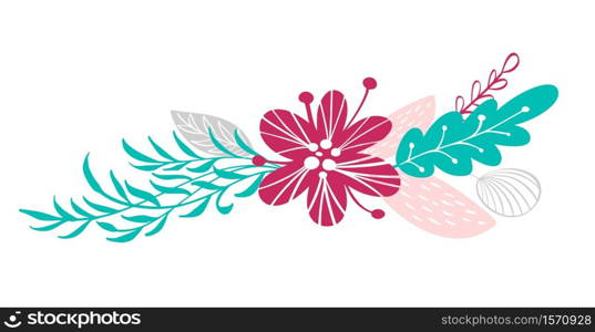 bouquet flowers and floral elements isolated on white background in Scandinavian style. Hand drawn vector illustration.. bouquet flowers and floral elements isolated on white background in Scandinavian style. Hand drawn vector illustration