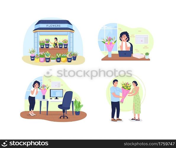 Bouquet gift 2D vector web banner, poster set. Man giving flowers, happy woman flat characters on cartoon background. Florist in shop printable patch, colorful web element collection. Bouquet gift 2D vector web banner, poster set