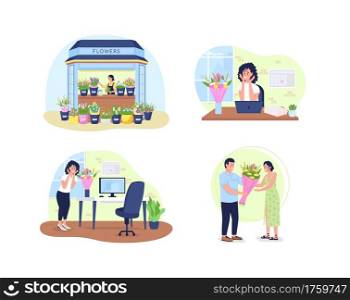 Bouquet gift 2D vector web banner, poster set. Man giving flowers, happy woman flat characters on cartoon background. Florist in shop printable patch, colorful web element collection. Bouquet gift 2D vector web banner, poster set