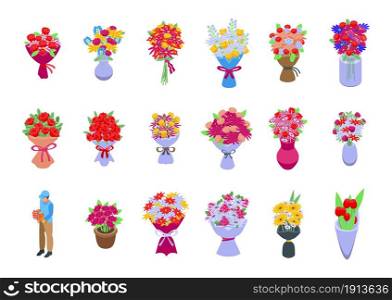 Bouquet icons set isometric vector. Flower basket. Vase bunch. Bouquet icons set isometric vector. Flower basket