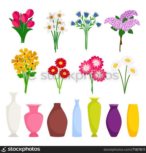 Bouquet maker - different flowers and vases vector elements. Colored bouquet flower blossom illustration. Bouquet maker - different flowers and vases vector elements