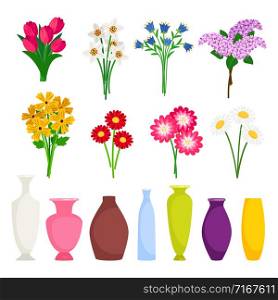 Bouquet maker - different flowers and vases vector elements. Colored bouquet flower blossom illustration. Bouquet maker - different flowers and vases vector elements