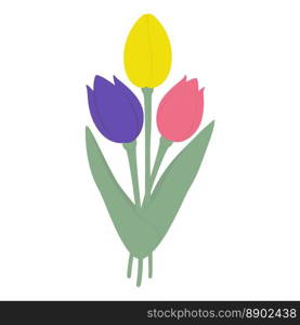 Bouquet of 3 blooming colorful tulip flowers in cartoon flat style in trendy pale shades. Sticker. Icon. Isolate. Good for pattern, poster, brochure or price, label, greeting or invitation cards. EPS