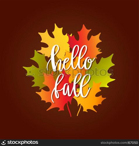 bouquet of autumn maple leaves. Autumn concept. Vector illustration of bouquet of autumn maple leaves and text Hello Fall on dark brown background