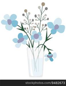 Bouquet of blue flowers, glass vase with meadow flowers, flower gift. Vector illustration.. Bouquet of blue flowers, glass vase with meadow flowers, flower gift.
